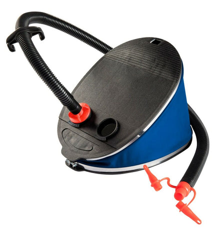 Set of six Intex foot pumps for sports, outdoor, camping, and hiking, shown in a close-up of the pumps in use.