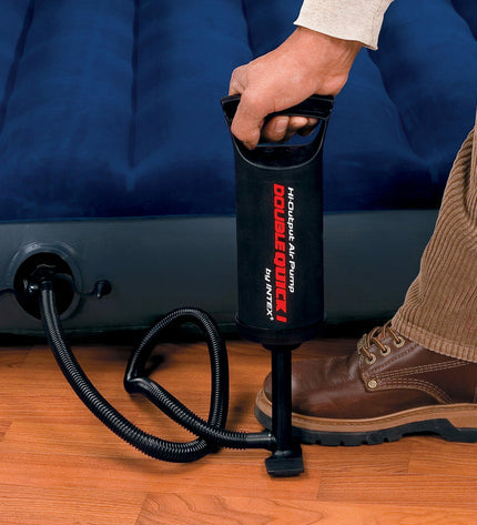Intex Double Quick I air pumps for camping and outdoor use, shown in a set of 12, with compact design and ergonomic handles.