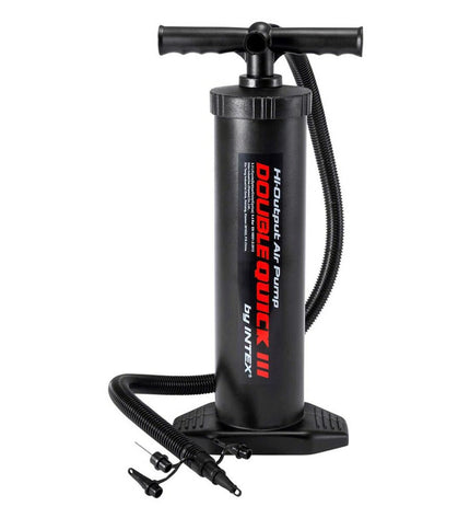 Intex Double Quick III air pumps for camping and outdoor use, three compact electric inflators with digital displays.