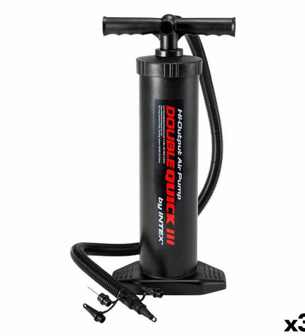 Intex Double Quick III air pumps, three compact portable inflators for camping and outdoor activities, black and orange design.