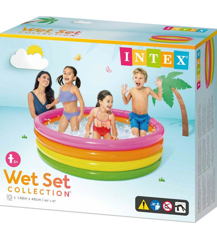 Intex Sunset Ringen inflatable kids' swimming pool set with 6 rings, 168x46x168 cm, colorful and suitable for outdoor play