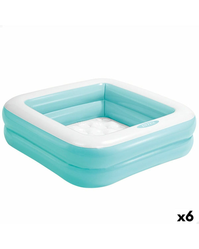 Six Intex inflatable children's square pools, 86x86 cm with 57L capacity, suitable for outdoor play and water fun.