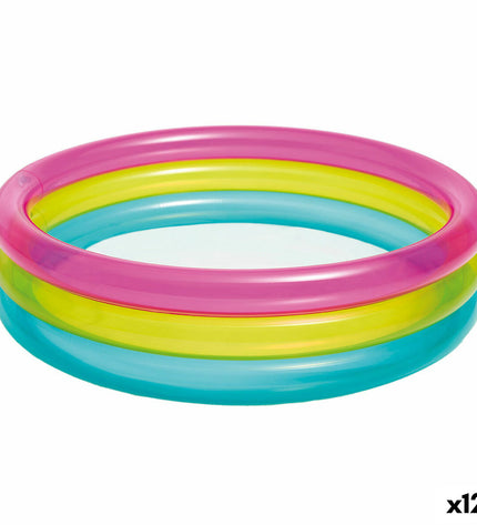 Set of 12 Intex inflatable rainbow ring kiddie swimming pools, 86x86x25 cm, colorful children’s outdoor water play toys.