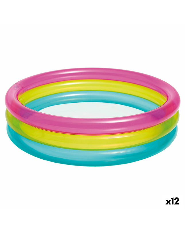 Set of 12 Intex inflatable rainbow ring kiddie swimming pools, 86x86x25 cm, colorful children’s outdoor water play toys.