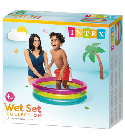 Colorful inflatable rainbow ring kiddie pool by Intex, 86x86x25 cm, set of 12, perfect for outdoor water play and summer fun.