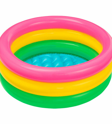 Intex Sunset Glow inflatable kiddie pools with colorful ring designs, 28 liters capacity, ideal for outdoor play and water fun.