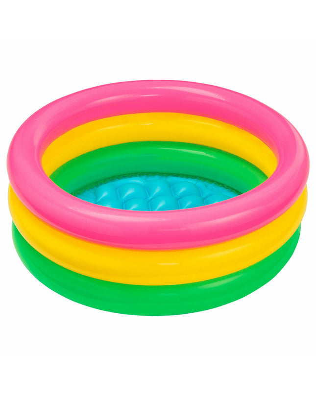Intex Sunset Glow inflatable kiddie pools with colorful ring designs, 28 liters capacity, ideal for outdoor play and water fun.