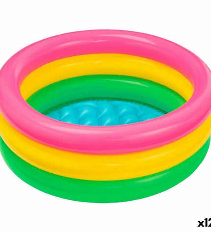 Set of 12 Intex Sunset Glow inflatable kiddie pools with colorful ring design, suitable for outdoor play and water fun.