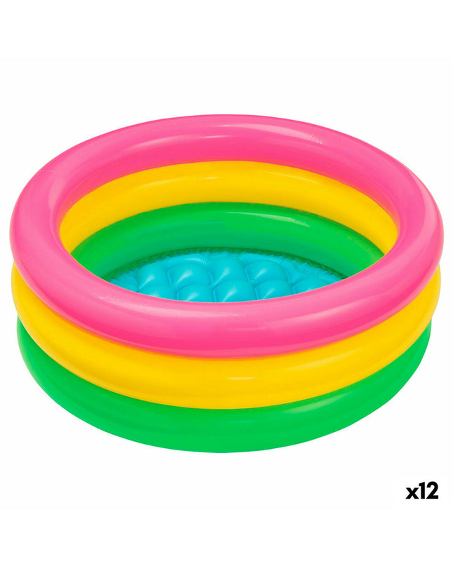 Set of 12 Intex Sunset Glow inflatable kiddie pools with colorful ring design, suitable for outdoor play and water fun.
