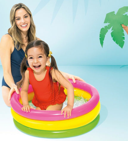 Set of 12 Intex Sunset Glow inflatable children's swimming pools, colorful ring design, 61 x 22 x 61 cm, outdoor water play toys.