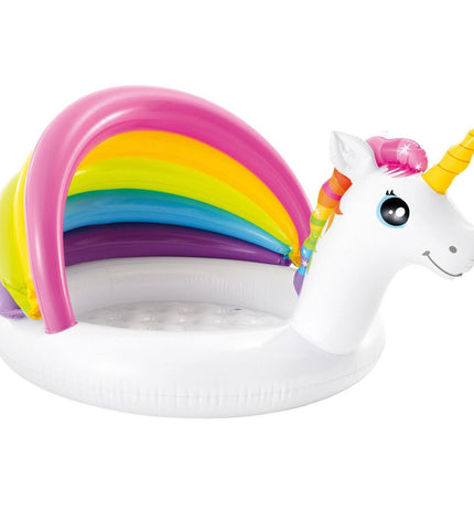 Inflatable unicorn kids' pool with sun tent by Intex, 45 L capacity, measuring 102 x 69 x 127 cm, six-piece set for outdoor fun.