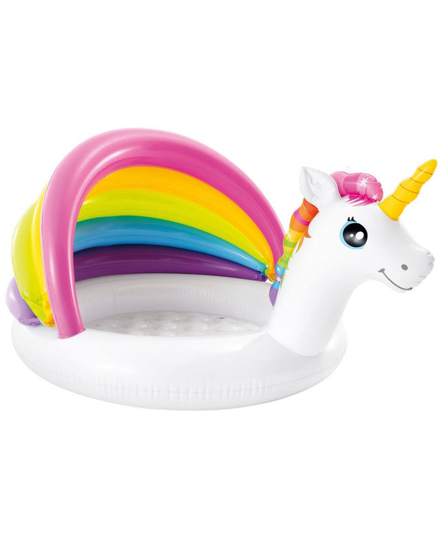 Inflatable unicorn kids' pool with sun tent by Intex, 45 L capacity, measuring 102 x 69 x 127 cm, six-piece set for outdoor fun.