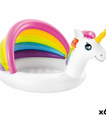 Intex inflatable unicorn kids' swimming pool with sun tent, 102 x 69 x 127 cm, set of 6, for outdoor play and water fun.