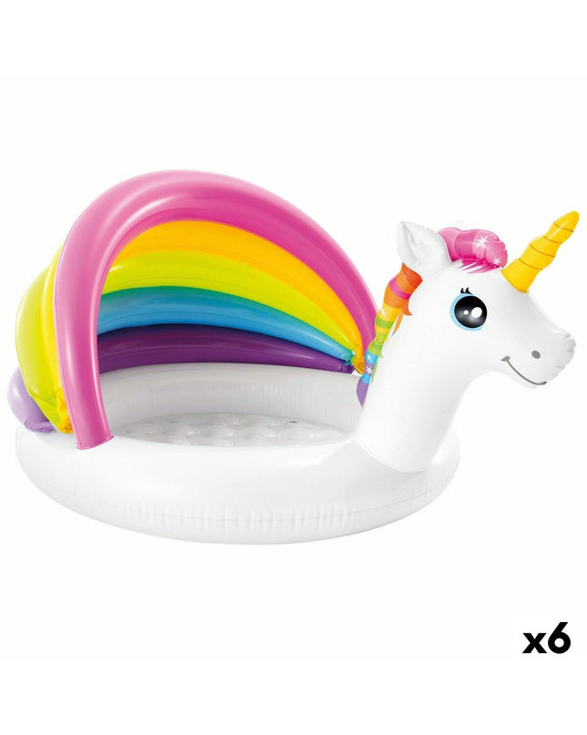 Intex inflatable unicorn kids' swimming pool with sun tent, 102 x 69 x 127 cm, set of 6, for outdoor play and water fun.