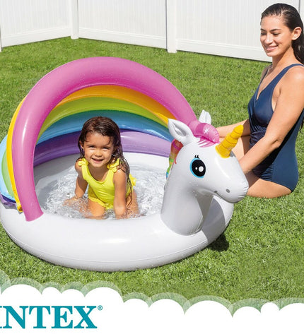 Intex inflatable unicorn children's pool with sun tent, 102x69x127 cm, set of 6, ideal for outdoor play and summer fun.