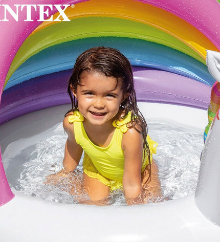 Intex inflatable unicorn children's pool with sun tent, 102x69x127 cm, set of 6 for outdoor play and water fun.