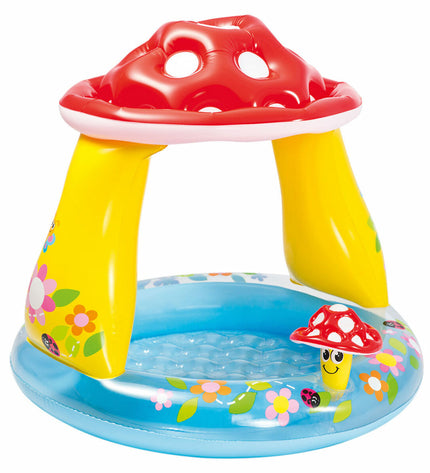 Six Intex inflatable mushroom sun tents for kids' swimming pools, each measuring 102 x 89 x 102 cm, ideal for outdoor play.