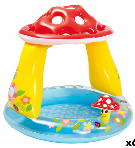 Six Intex inflatable mushroom sun tents for children's pools, each measuring 102 x 89 x 102 cm, designed for outdoor play and shade.