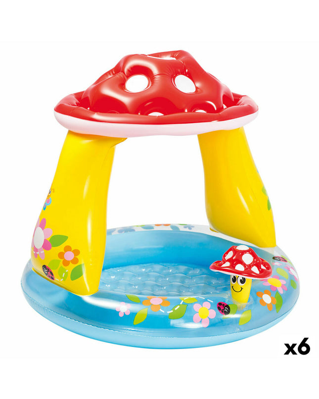 Six Intex inflatable mushroom sun tents for children's pools, each measuring 102 x 89 x 102 cm, designed for outdoor play and shade.