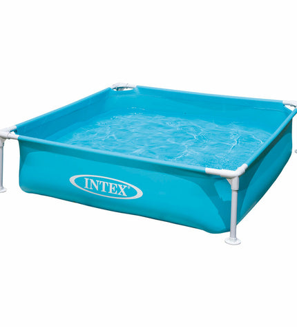 Set of three Intex Mini Frame blue square inflatable kiddie pools, 122x30x122 cm, ideal for outdoor play and fun.
