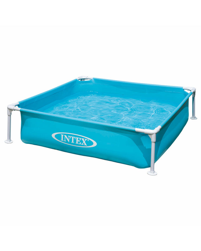 Set of three Intex Mini Frame blue square inflatable kiddie pools, 122x30x122 cm, ideal for outdoor play and fun.