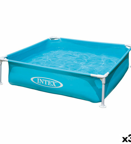 Set of three Intex Mini Frame blue square kiddie pools, 122x30x122 cm, lightweight plastic for outdoor play and cooling fun.