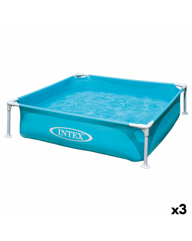 Set of three Intex Mini Frame blue square kiddie pools, 122x30x122 cm, lightweight plastic for outdoor play and cooling fun.