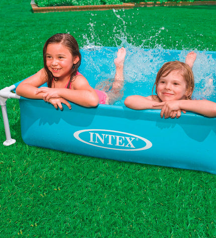 Set of three Intex Mini Frame blue square kiddie pools, 122x122x30 cm, suitable for outdoor play and water fun.