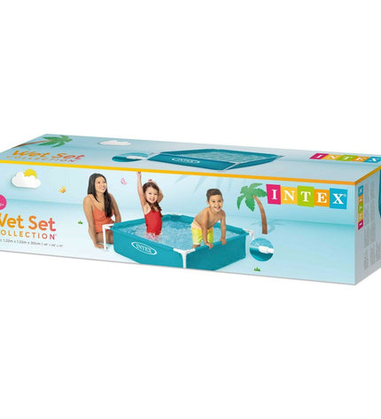 Three blue Intex mini frame square kiddie pools with 342L capacity, measuring 122 x 30 x 122 cm, for outdoor play.