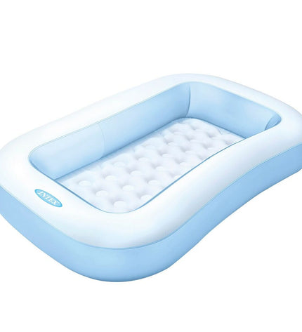 Blue and white Intex inflatable rectangular children's pool with 90L capacity, 166x25x100 cm, shown with six pools stacked.