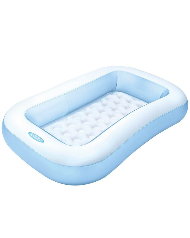 Blue and white Intex inflatable rectangular children's pool with 90L capacity, 166x25x100 cm, shown with six pools stacked.