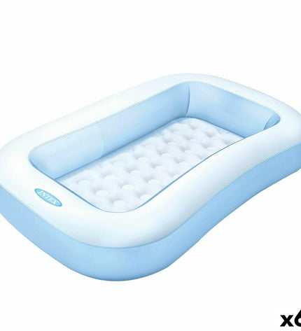 Set of six rectangular Intex inflatable children's pools in blue and white, 166 x 25 x 100 cm, for outdoor play and fun.