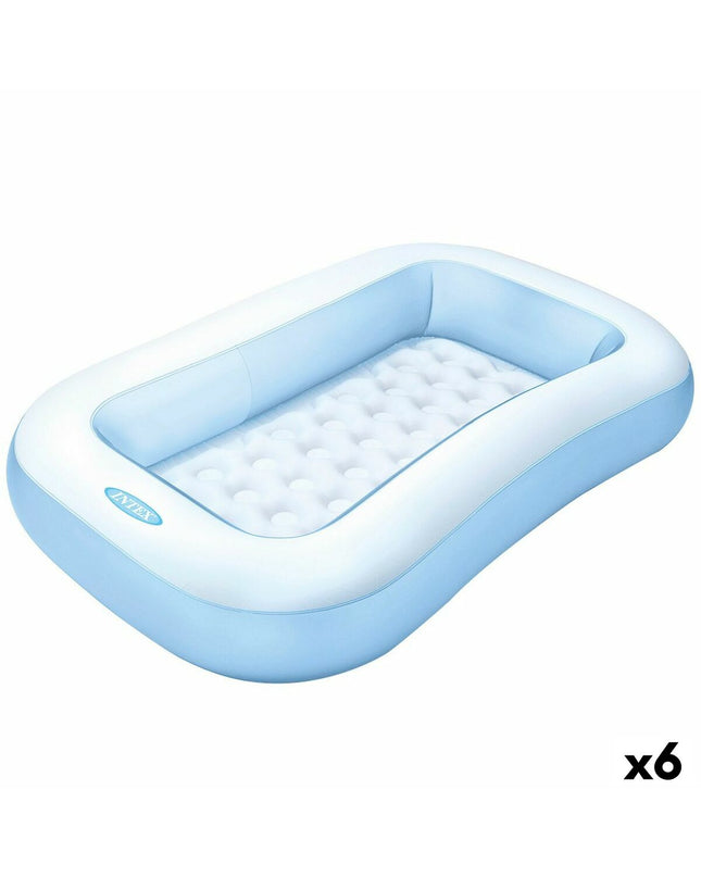 Set of six rectangular Intex inflatable children's pools in blue and white, 166 x 25 x 100 cm, for outdoor play and fun.