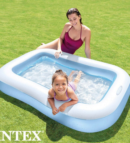 Intex inflatable rectangular children's pool in blue and white, 166x25x100 cm, set of 6, suitable for outdoor play and swimming.