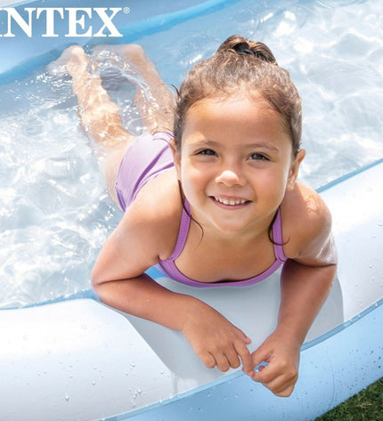 Six blue and white rectangular Intex inflatable kiddie pools, 166 x 25 x 100 cm, ideal for outdoor water play.