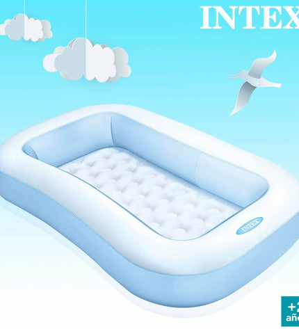 Six blue and white Intex inflatable children's rectangular swimming pools, 90L capacity, 166x25x100 cm, perfect for outdoor play.