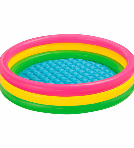 Six Intex Sunset Ringen inflatable kiddie pools with colorful ring designs, measuring 114 x 25 x 114 cm for outdoor water fun.