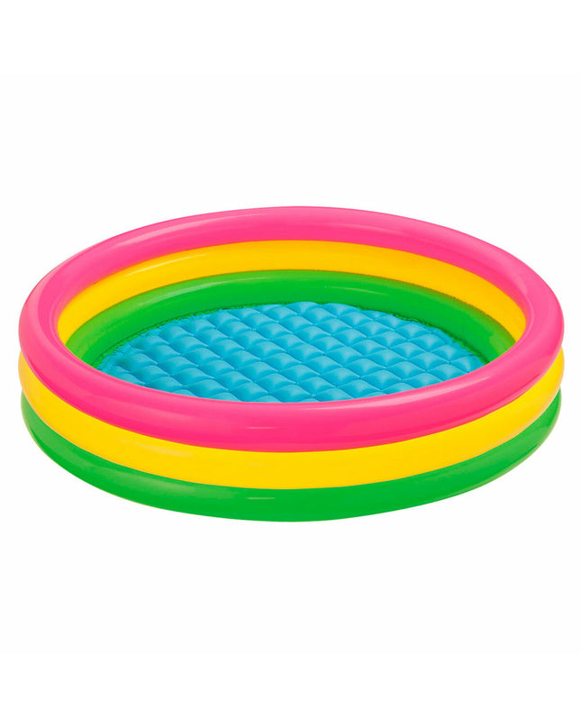 Six Intex Sunset Ringen inflatable kiddie pools with colorful ring designs, measuring 114 x 25 x 114 cm for outdoor water fun.
