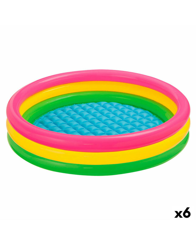 Set of six Intex Sunset inflatable children's pools with colorful ring designs, measuring 114 x 25 x 114 cm, for outdoor fun.