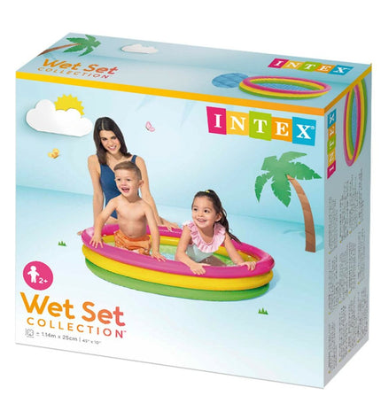 Set of six Intex Sunset inflatable children's pools with colorful ring designs, 114 x 25 x 114 cm for outdoor play and fun.