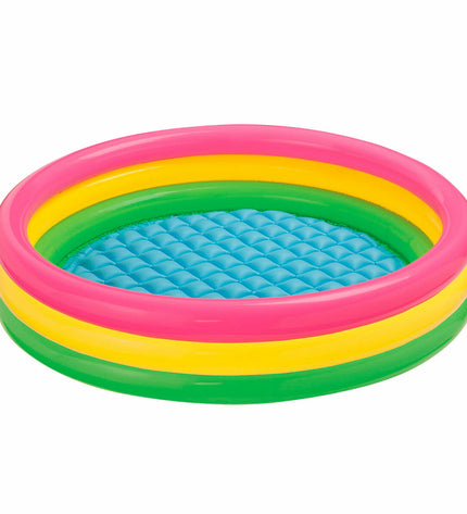 Six Intex inflatable children's pools Sunset Ringen, 147x147x33 cm, colorful round pool for kids' outdoor fun.