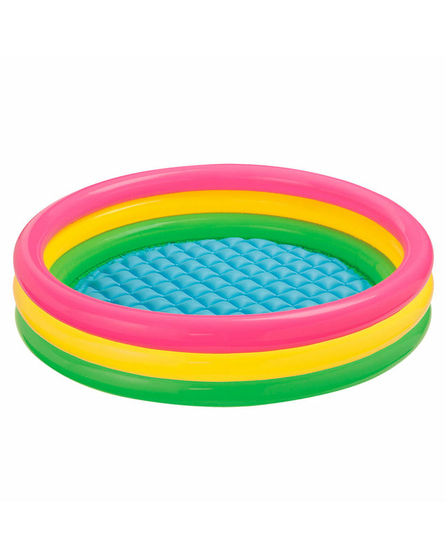 Six Intex inflatable children's pools Sunset Ringen, 147x147x33 cm, colorful round pool for kids' outdoor fun.