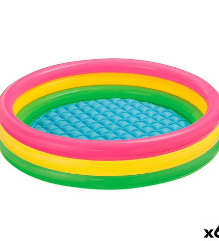 Set of six Intex Sunset inflatable children's swimming pools, 147x147x33 cm, featuring colorful ring designs for outdoor play.