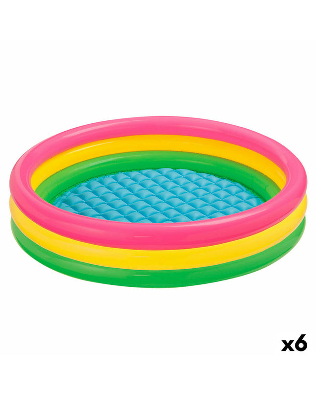 Set of six Intex Sunset inflatable children's swimming pools, 147x147x33 cm, featuring colorful ring designs for outdoor play.
