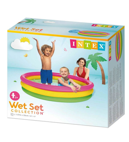 Six Intex Sunset Ringen inflatable children's pools, colorful, round, with dimensions 147 x 33 x 147 cm, for outdoor fun.