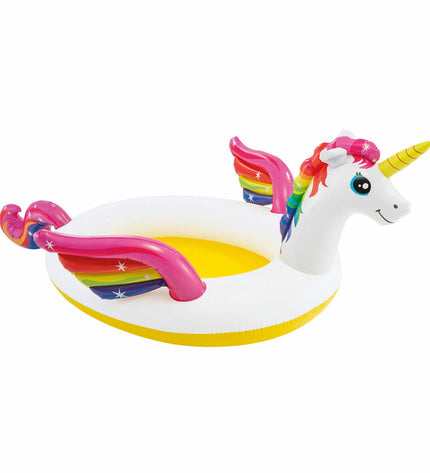 Set of four Intex inflatable unicorn kiddie pools with colorful designs, perfect for outdoor play and children's summer fun.