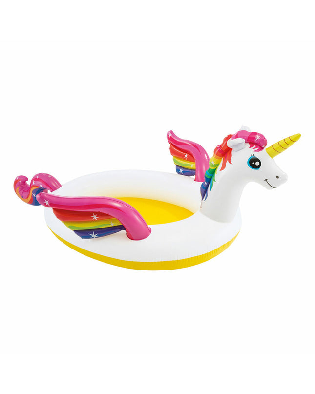 Set of four Intex inflatable unicorn kiddie pools with colorful designs, perfect for outdoor play and children's summer fun.