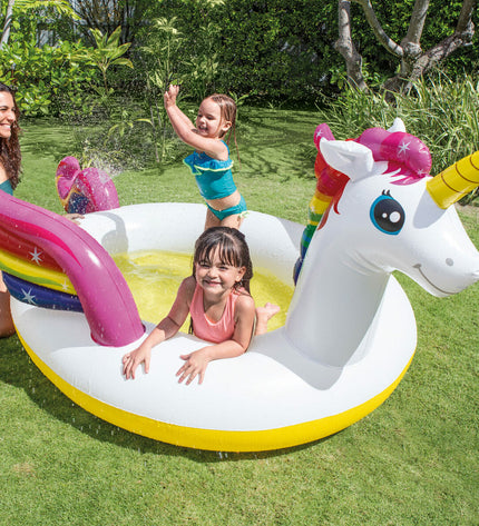 Set of four Intex inflatable unicorn kiddie pools, 27.2 x 10.4 x 19.3 cm, suitable for outdoor play and water fun.