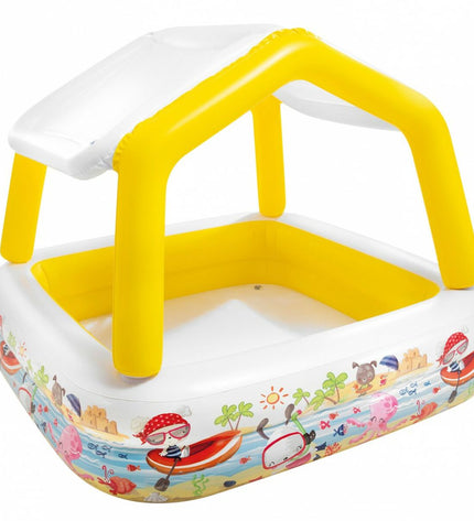 Intex inflatable children's pool with sun tent, 157x122x157 cm, includes three units for outdoor play and water fun.