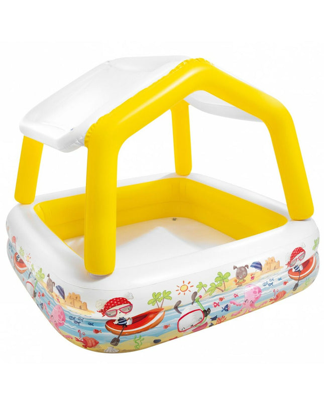 Intex inflatable children's pool with sun tent, 157x122x157 cm, includes three units for outdoor play and water fun.